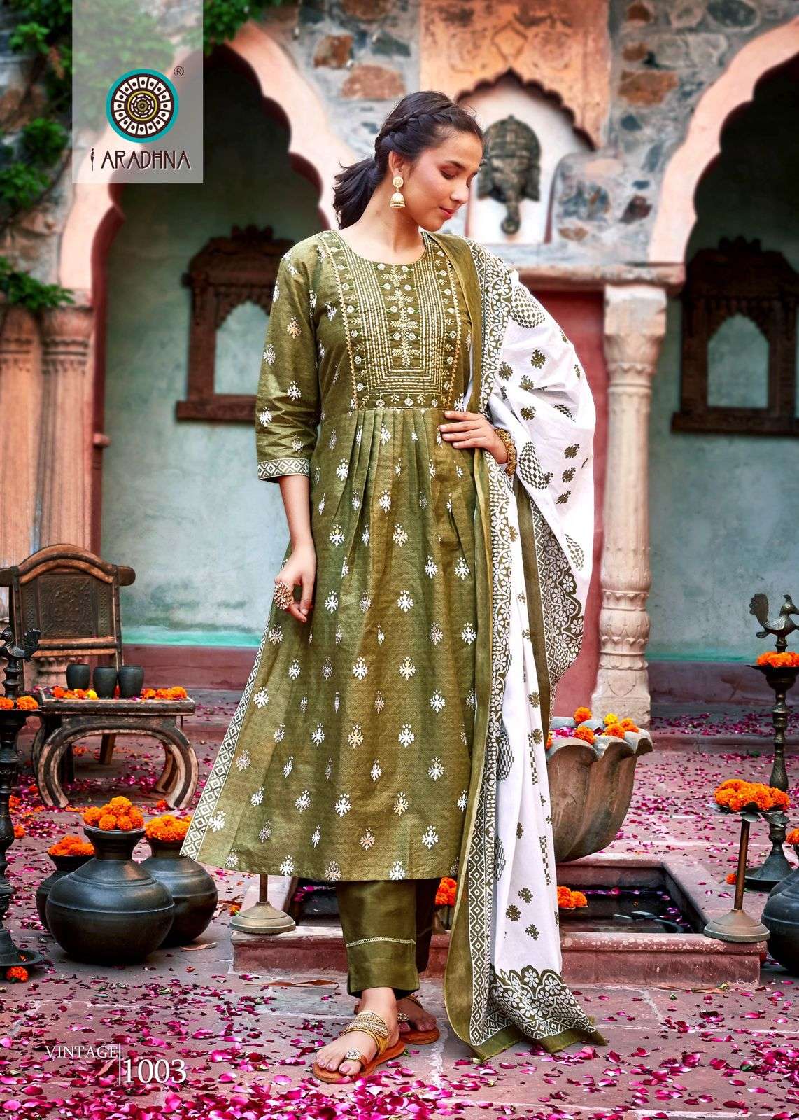 VINTAGE VOL 1 COTTON FOIL PRINT FANCY EMBROIDERY WORK KURTI WITH PANT DUPATTA BY ARADHNA BRAND 1003